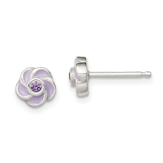 Kazi Luxury Sterling Silver Polished Purple Cz Enamel Flower Post Earrings